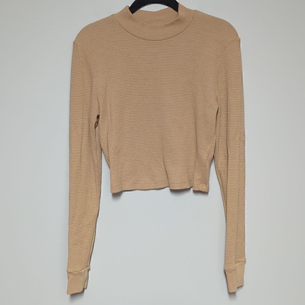 Tna Camel Mock Turtleneck Cropped Thermal Long Sleeve Blouse